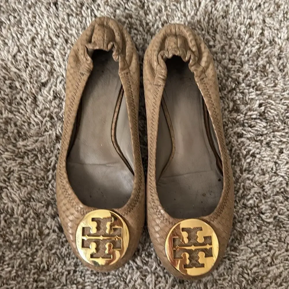 Tory Burch 8.5 Reva Tan Snake Print Flats with Gold Emblem